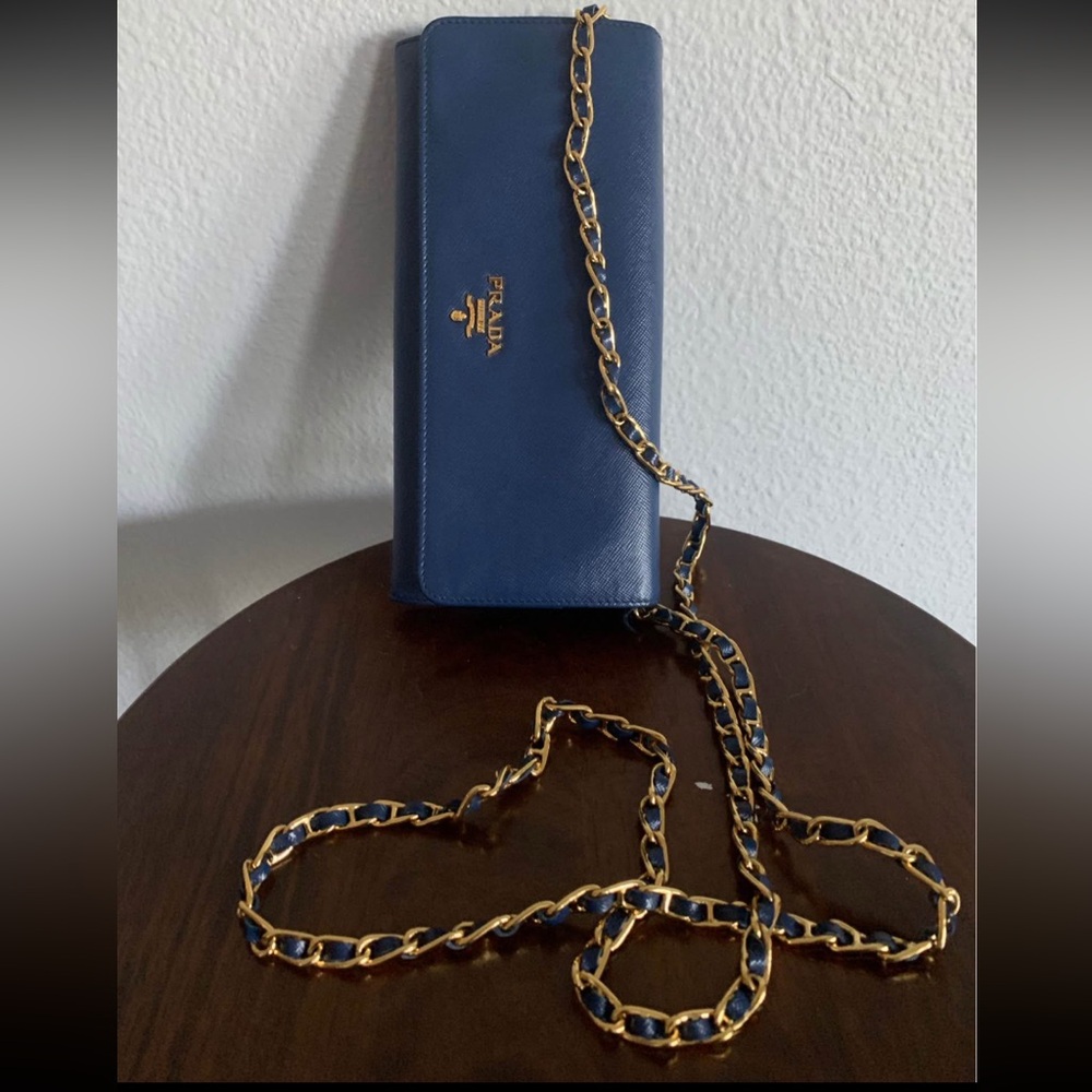 Vintage Prada Navy Leather Wallet with Gold Chain